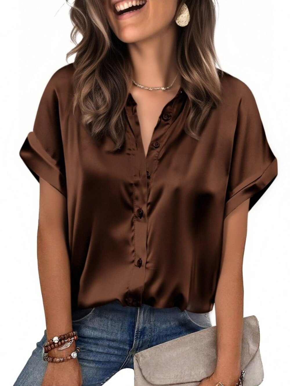 Womens Satin Blouse Short Sleeve Silk Tops Button Down Shirts